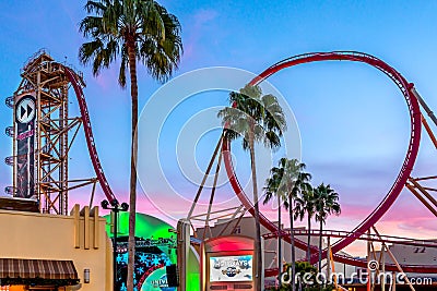 ORLANDO, FLORIDA, USA - DECEMBER, 2017: Riders enjoy the Rip Ride Rockit Rollercoaster at Universal Studios Theme Park Editorial Stock Photo