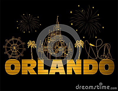 Orlando gold lettering on black backround . Vector with travel icons and fireworks. Travel PostcardOrlando gold lettering on bla Vector Illustration