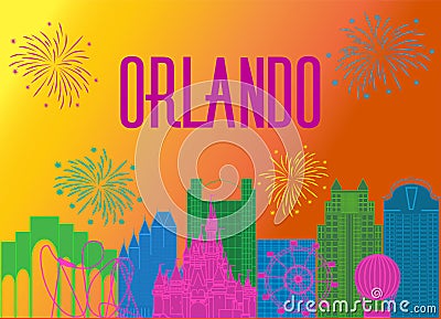 Orlando magenta lettering on colorful background. Vector with travel icons and fireworks. Editorial Stock Photo