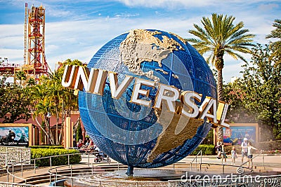 Orlando, USA - Feb. 12, 2021: Orlando Universal Studios globe fountain monument sign Editorial Stock Photo