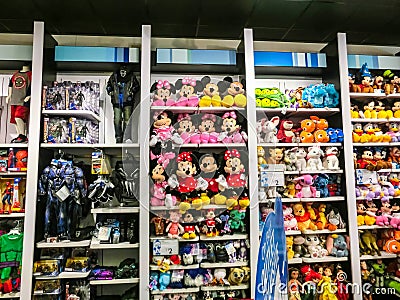 Orlando, USA - May 10, 2018: The colorful toys at Disney store indoor shopping mall Orlando premium outlet at Orlando Editorial Stock Photo