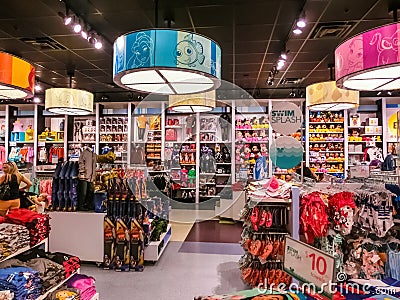 Orlando, USA - May 10, 2018: The colorful toys at Disney store indoor shopping mall Orlando premium outlet at Orlando Editorial Stock Photo