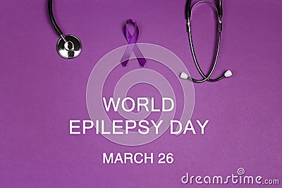 Purple epilepsy awareness ribbon with stethoscope Stock Photo