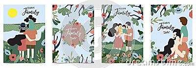 Ornage blue family postcard with women,man Vector Illustration