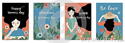 Ornage blue International Happy Women`s Day with women,flower and leaf Vector Illustration