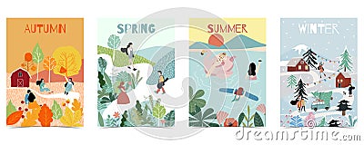 Ornage green blue season postcard with women,flower,beach,tree,house and people Vector Illustration