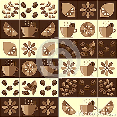 Ornament coffee pattern from a coffee cup, flowers, twigs, leaves, slices of lemon and lemon on a white and brown background Vector Illustration