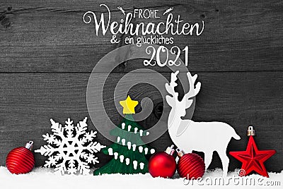 Ornament, Snow, Tree, Red Ball, Glueckliches 2021 Means Happy 2021 Stock Photo