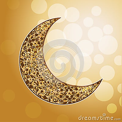 Ornamental arabic golden moon. Bokeh lights. Vector Illustration