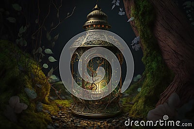 Ornamental arabic lantern with burning candle on the moss in mysterious forest Stock Photo