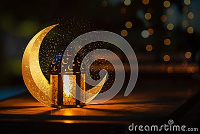 Ornamental Arabic lantern with crescent moon - Ramadan Kareem Stock Photo