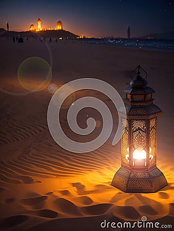 Ornamental arabic lantern shining at night in the desert Stock Photo