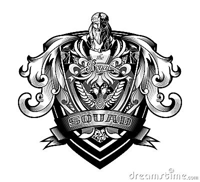 Ornamental Baroque Heraldry Shield `Royal Squad` Crest Coat Arms Vector Illustration