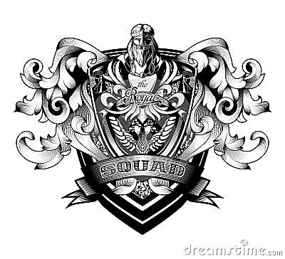 Ornamental Baroque Heraldry Shield `Royal Squad` Crest Coat Arms Vector Illustration