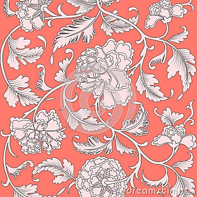 Ornamental beautiful coral color antique floral pattern with peonies. Vector illustration, asian texture for printing on packaging Vector Illustration