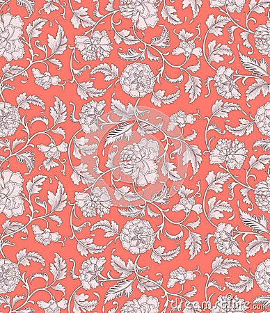 Ornamental beautiful coral color antique floral seamless pattern with peonies. Asian texture for printing on packaging, textiles, Vector Illustration