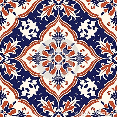 Ornamental Blue and Orange Floral Tile Design Stock Photo