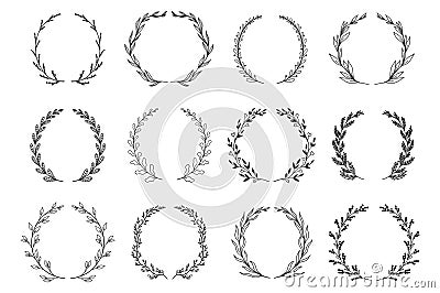 Ornamental branch wreathes set in hand drawn design. Stock Photo