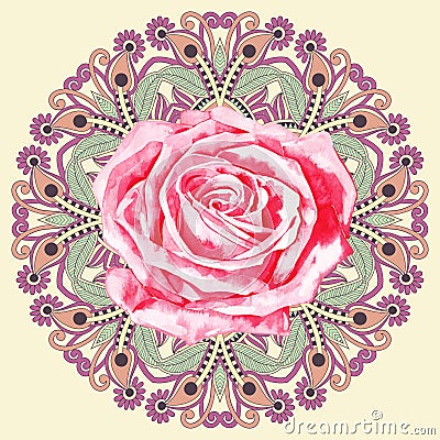 Ornamental circle pattern with watercolor rose Vector Illustration