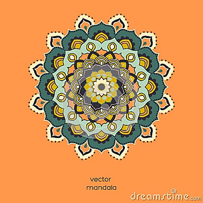 Ornamental colorful floral mandala on orange color background. Cartoon Illustration