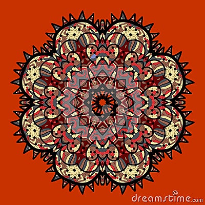 Ornamental colorful vector mandala on red. Art Vector Illustration