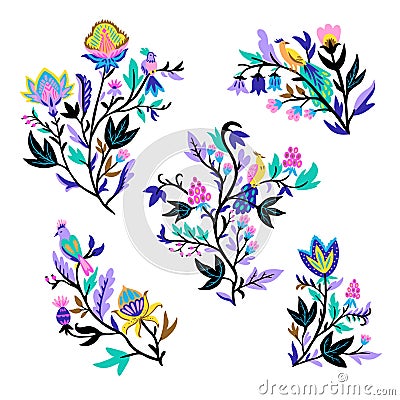 Ornamental design elements with stylized ornate floral branches and fantasy birds. Vector illustration Vector Illustration