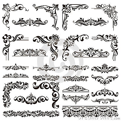 Ornamental design lace borders and corners Vector set art deco floral ornaments elements Vector Illustration