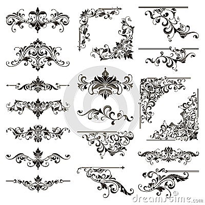 Ornamental design lace borders and corners Vector set art deco floral ornaments elements Vector Illustration