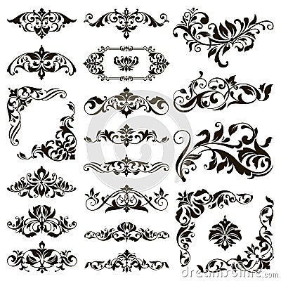 Ornamental design lace borders and corners Vector set art deco floral ornaments elements Vector Illustration