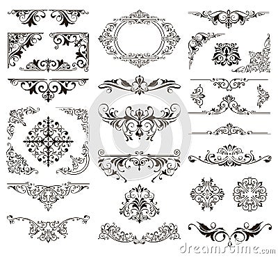 Ornamental design lace borders and corners Vector set art deco floral ornaments elements Vector Illustration