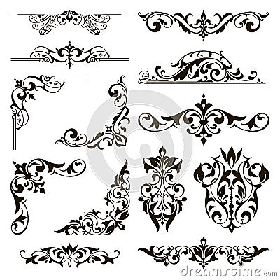 Ornamental design lace borders and corners Vector set art deco floral ornaments elements Vector Illustration