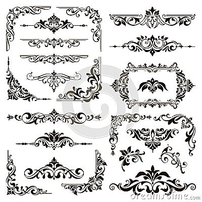 Ornamental design lace borders and corners Vector set art deco floral ornaments elements Vector Illustration