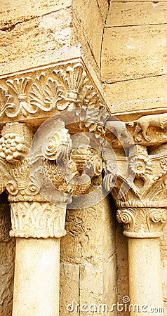 Ornamental detail of the portal of the Church of Santa MarÃ­a de Porqueres Stock Photo