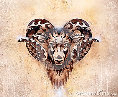 Ornamental drawing of Aries, sacred animal symbol. Stock Photo