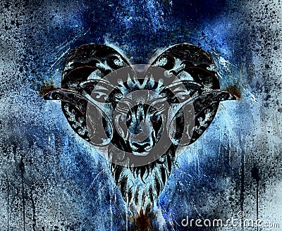 Ornamental drawing of Aries, sacred animal symbol. Color effect. Stock Photo