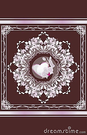 Ornamental element with heart and orchid. Greeting card Vector Illustration