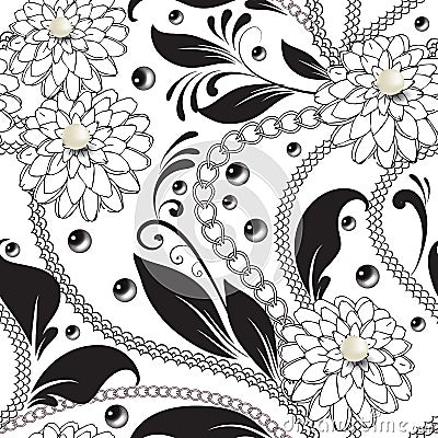 Ornamental floral black and white vector seamless pattern. Surface 3d white pearls. Lace lines, chains, beads, flowers, leaves. Vector Illustration