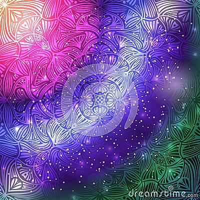 Ornamental floral ethnic mandala on purple galaxy background Vector Illustration