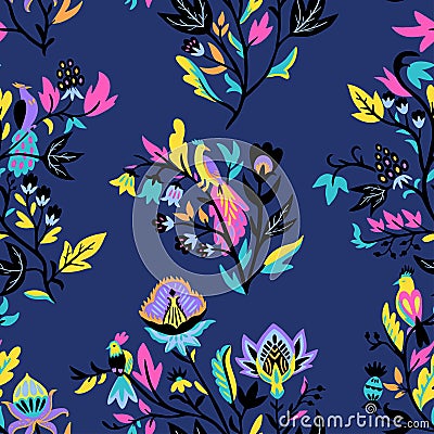 Ornamental floral pattern with stylized ornate floral elements and fantasy birds. Vector illustration Vector Illustration