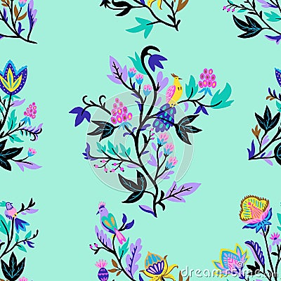 Ornamental floral pattern with stylized ornate floral elements and fantasy birds. Vector illustration Vector Illustration
