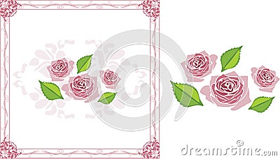 Ornamental frame with blooming stylized pink roses Vector Illustration