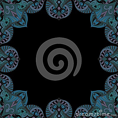 Ornamental frame. Decorative mosaic border - light blues turquoises on black background Stock Photo