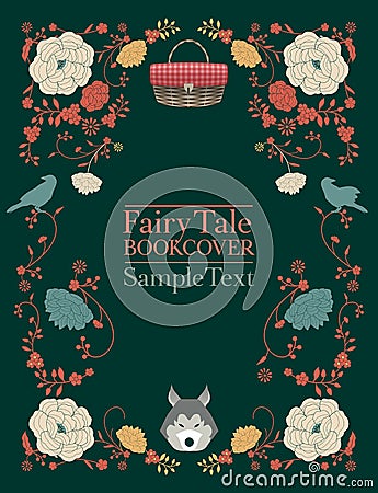 Ornamental frame of flowers and animals for fables and fairy tales. Vintage style storybook cover Vector Illustration