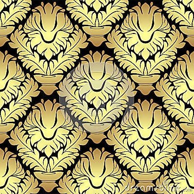 Ornamental golden damask seamless Pattern on black Vector Illustration