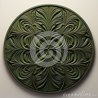 Circular Green Leaf Carving: Realistic And Detailed Wall Art Stock Photo