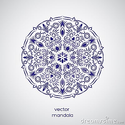 Ornamental hand drawn flower oriental mandala, white and blue co Cartoon Illustration