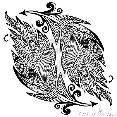 Ornamental hand drawn sketch of feathers in zentangle style. vector illustration with ornament, isolated Vector Illustration