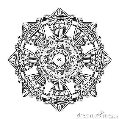 Ornamental hand drawn zentangle inspired mandala, line art, black white Vector Illustration