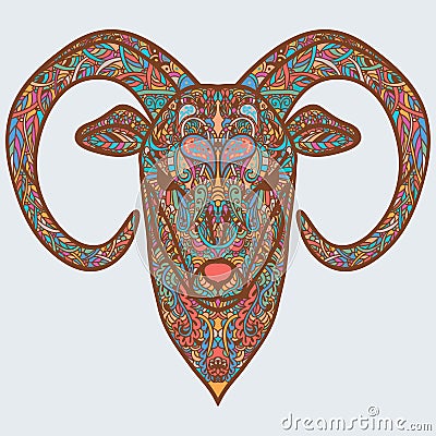 Ornamental head of goat or sheep - a symbol of new new year 2015. Multicolored concept. Vector Illustration