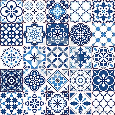 Lisbon geometric Azulejo tile vector pattern, Portuguese or Spanish retro old tiles mosaic, Mediterranean seamless navy blue desig Stock Photo